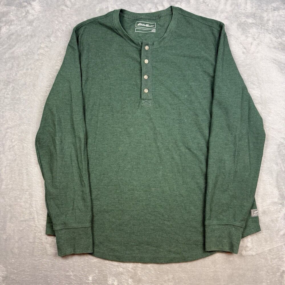 Eddie Bauer Mens XL Green Thermal Waffle Knit Henley Long Sleeve Shirt